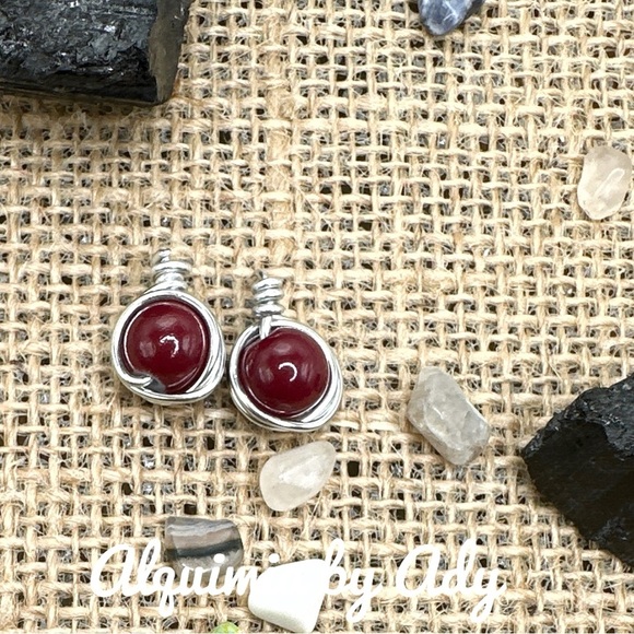 Cherry vibe Red jasper spheres statement earrings silver halo handmade - Picture 1 of 1